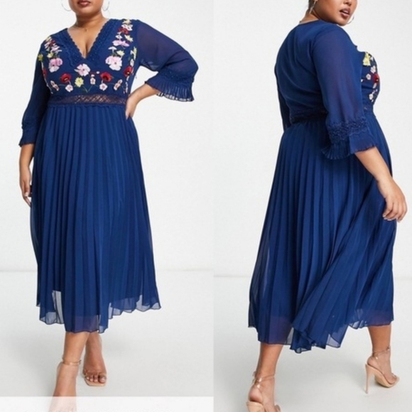 Asos Lace insert pleated Floral Embroidery Midi Dress Navy - Picture 2 of 11